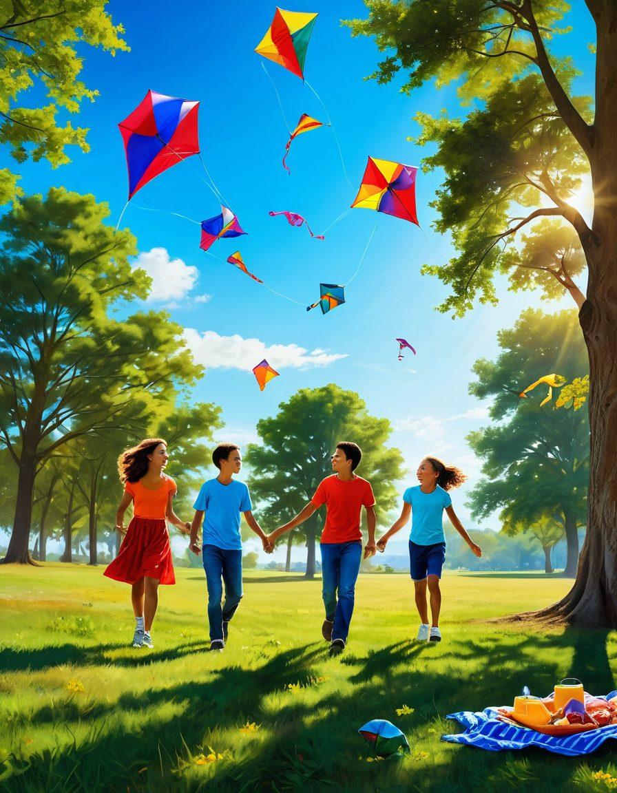 A joyous family engaging in various outdoor activities, including flying kites, playing frisbee, and having a picnic on a sunlit grassy field. The scene captures smiles, laughter, and colorful kites soaring in a bright blue sky. In the background, tall trees provide shade, enhancing the cheerful atmosphere. Emphasize vibrant colors and a sense of joy and togetherness. super-realistic. vibrant colors. bright sunlight.
