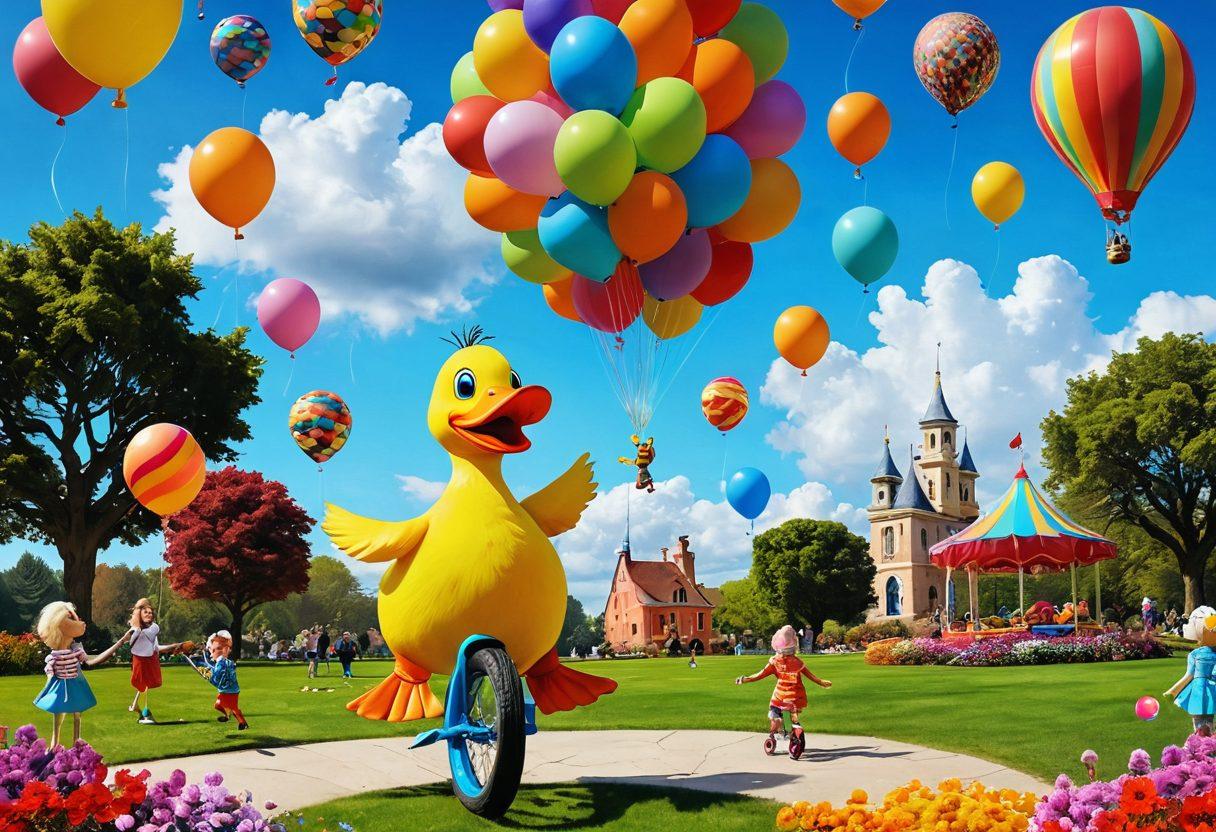 A vibrant and playful collage of whimsical characters engaged in silly challenges, like a giant duck on a unicycle, a cat juggling colorful balls, and kids laughing in the background. The scene is set in a bright, fantastical park with oversized flowers and balloons floating in the sky. Enhance the joyful atmosphere with cartoon-like elements, vivid colors, and a touch of magical realism. cartoon style. vibrant colors. whimsical theme.