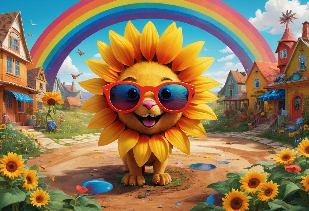 A colorful, whimsical landscape featuring various eccentric holes, each depicting playful scenes such as a giant sunflower wearing sunglasses, a rainbow-colored rabbit popping out of a swirling hole, and children laughing as they play around. The vibrant setting should evoke a sense of joy and imagination, with bright colors and quirky details. super-realistic. vibrant colors. playful and childlike illustration.